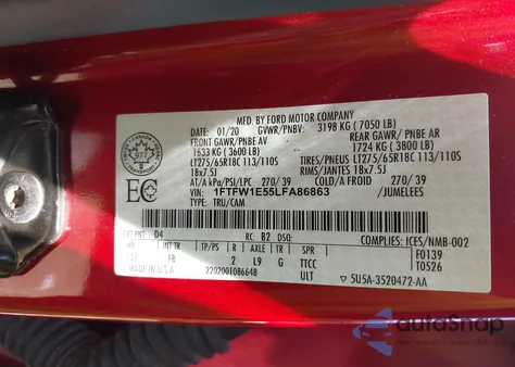 2020 Ford F-150 Xlt из США, поврежденный, VIN 1FTFW1E55LFA86863